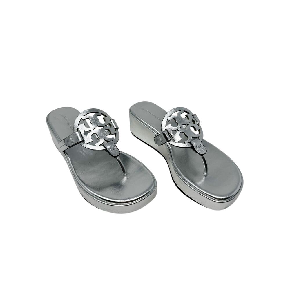 Tory Burch Miller Silver Metallic Leather Platform Wedge Sandals Logo Thong 7